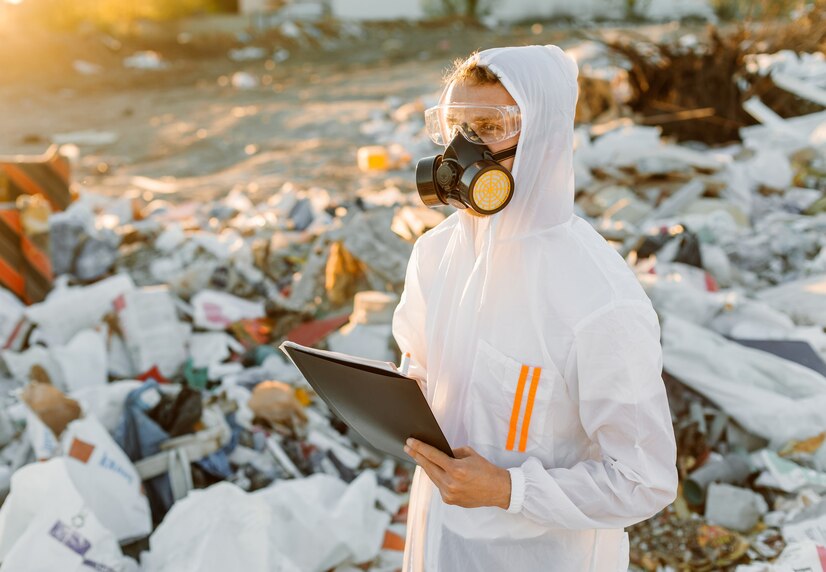 Man in coverall's at trash pill. Doing research. Concept of ecology, environmental waste