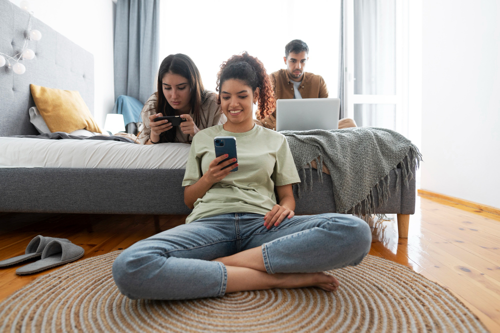 group of friends sitting together and using phone and laptop